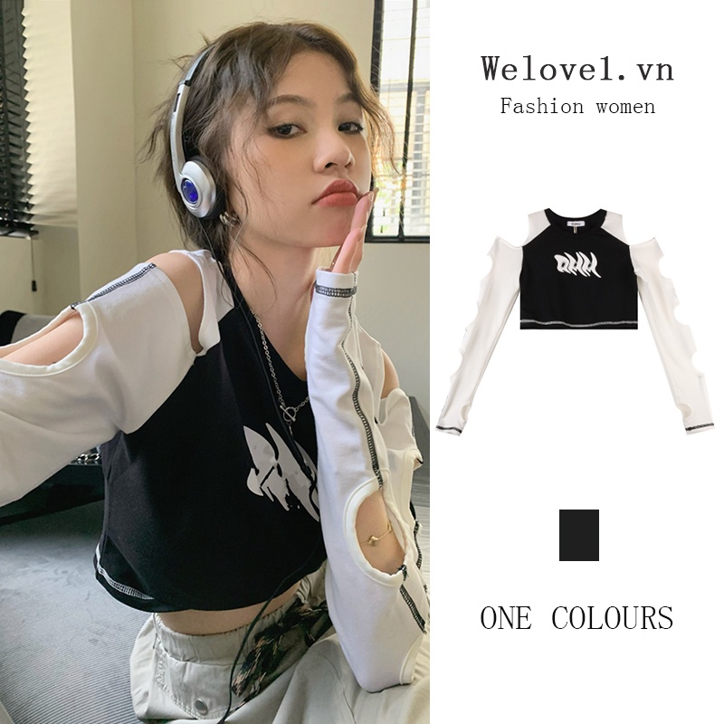 Áo thun croptop tay dài tông màu đen trắng phong cách Mỹ retro thời trang độc đáo dành cho nữ