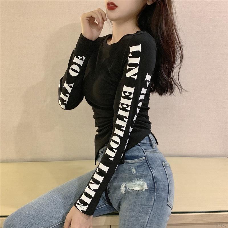 Áo Thun Tay Dài Ôm Dáng Rút Dây In Chữ Phong Cách Hàn Quốc Cho Nữ