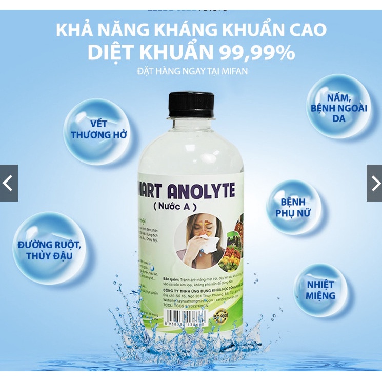 Dung dịch sát khuẩn Smart A 500ml - Nước anolyte khử khuẩn da, vệ sinh mũi họng - An toàn, không gây kích ứng