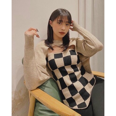 Sét áo 2 dây vạt kẻ ô + len khoác Quảng châu