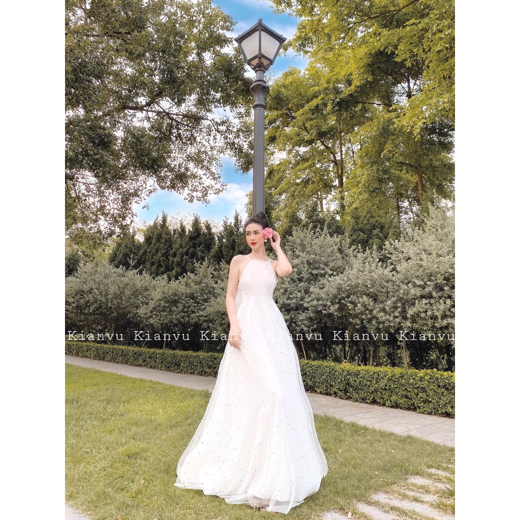 Đầm Maxi hở lưng thắt nơ  ánh nhũ nữ tính hàng tag ASLEY