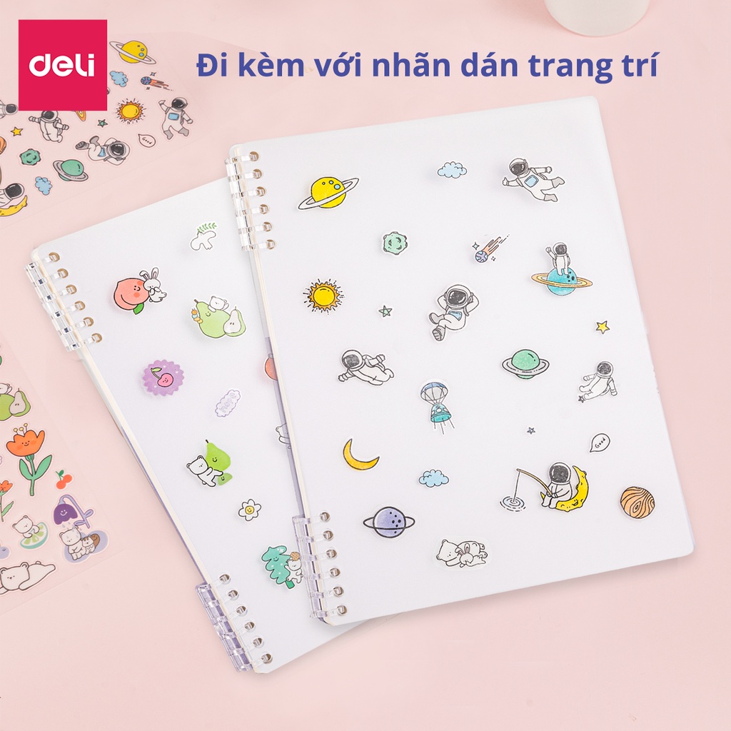 Sổ vở lò xo gáy xoắn kẻ ngang Deli khổ A5/B5 100 trang bìa nhựa ghi chép có kèm sticker trang trí đi kèm - 24507