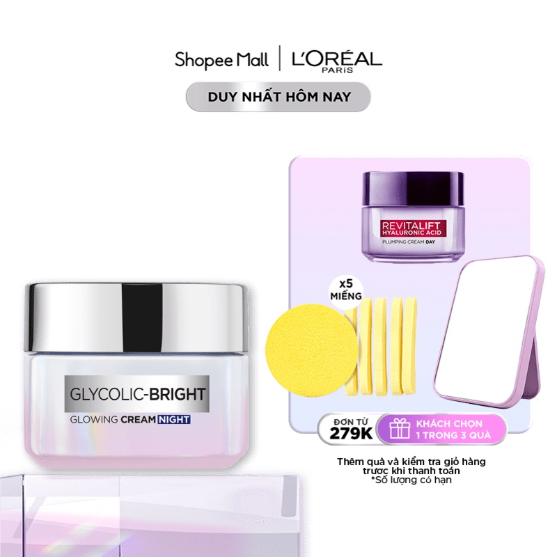 Kem đêm dưỡng sáng mờ thâm nám L'Oreal Paris Glycolic (AHA) Bright 50ml