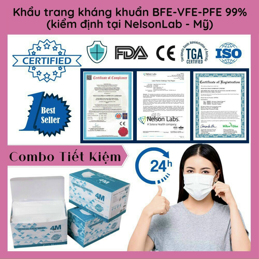 Khẩu Trang Y Tế 4 Lớp Màu Trắng Thương Hiệu 4M - Kháng Khuẩn, Bụi Mịn