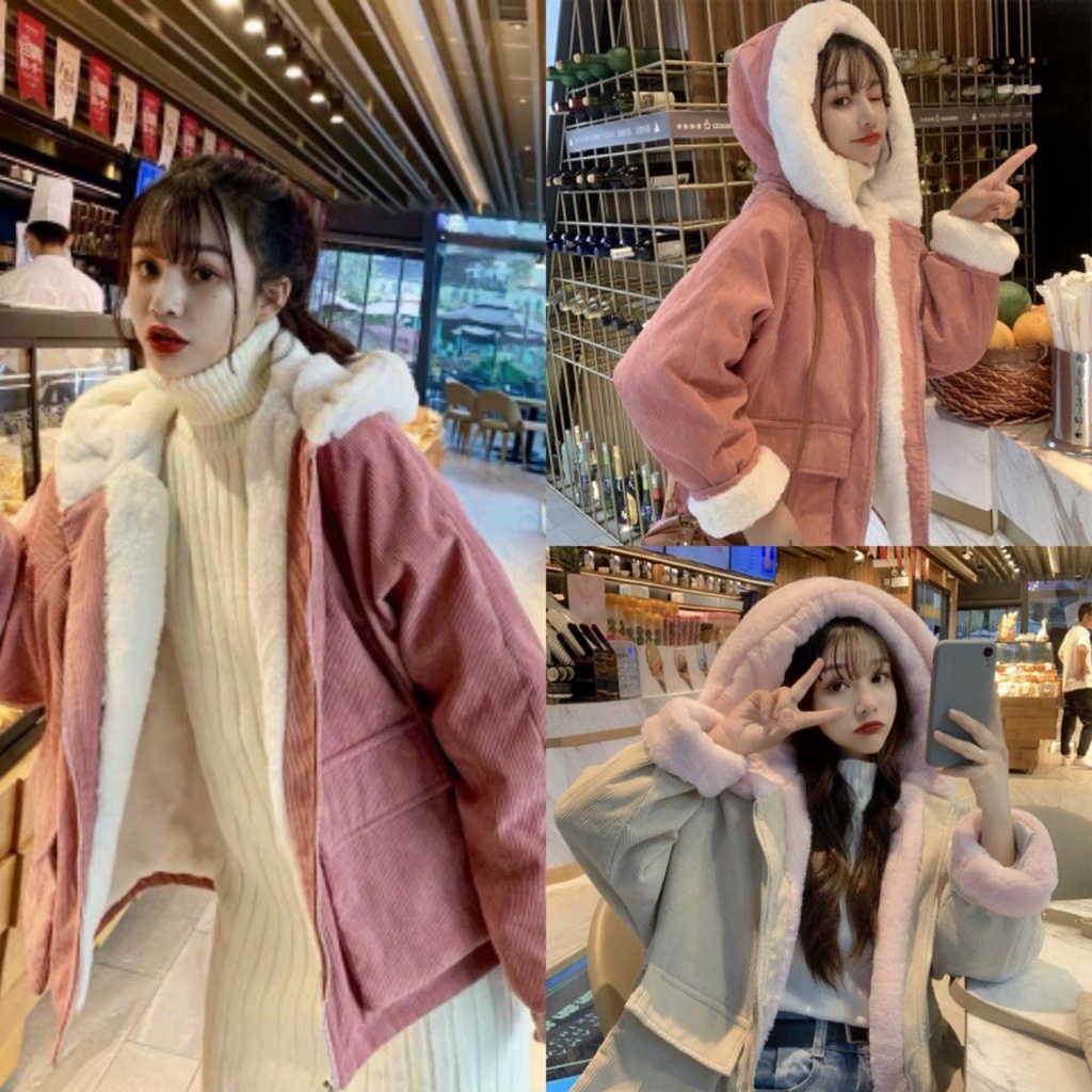 Áo khoác nhung lót lông túi trước 3 màu dưới 65kg , áo 2 lớp khóa kéo có mũ - G049