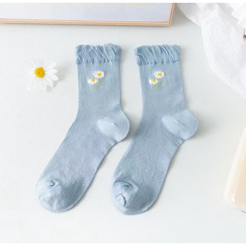 Vớ Cotton Cổ Trung Phối Ren Thoáng Khí Màu Xanh Dương Nhạt Họa Tiết Hoa Nhỏ Phong Cách Nhật Bản Cho Nữ