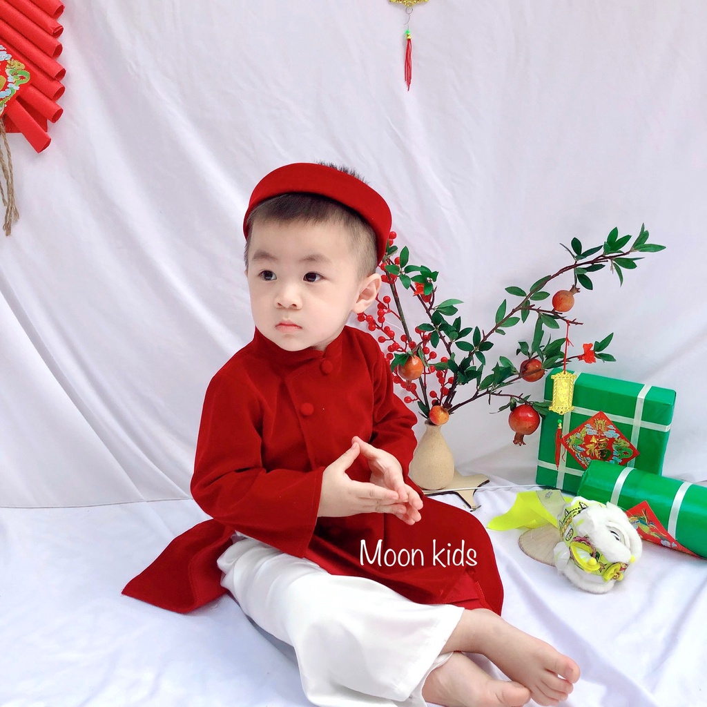 Áo Dài Tết Cho Bé Trai Chất Liệu Nhung Có Mấn Đội Đầu Dễ Thương