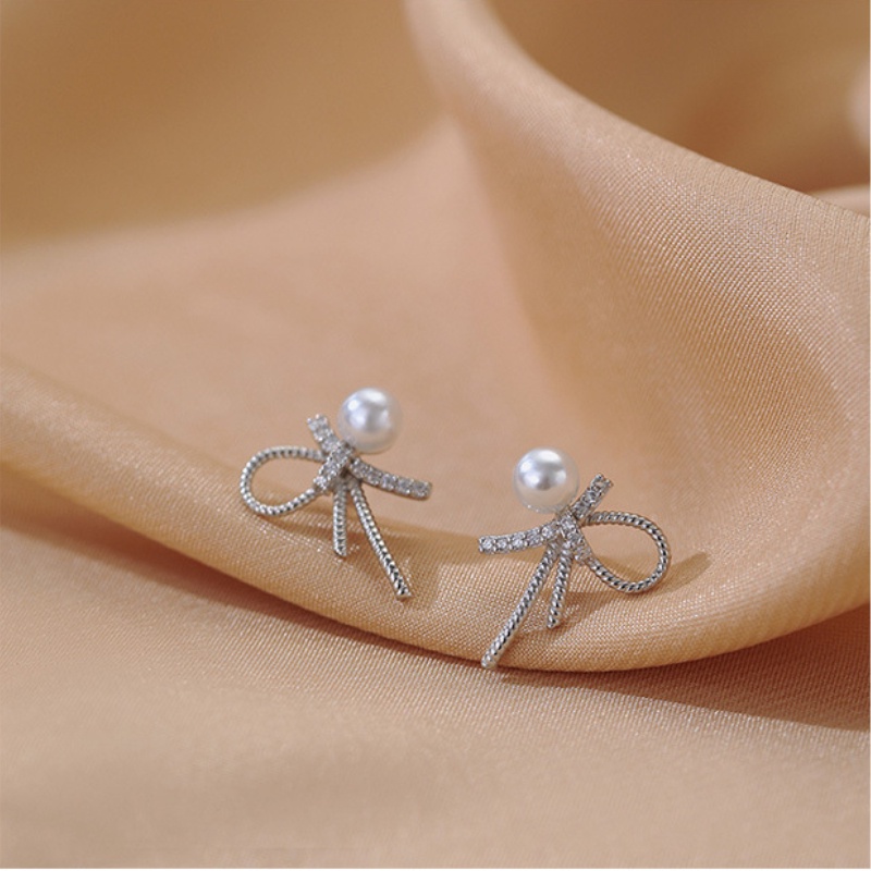 Bông tai ngọc trai thời trang nữ cao cấp hàn quốc nơ bông tai rhinestone