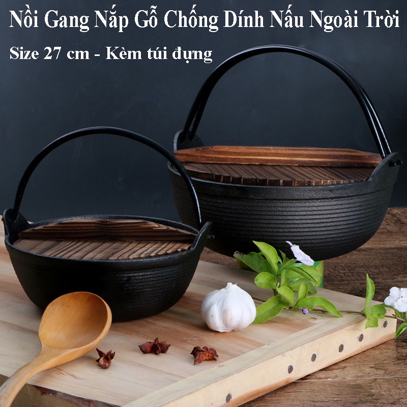 Nồi Gang Chống Dính Nắp Gỗ Nấu Ngoài Trời Kèm Túi Đựng - Nồi Hấp, Luộc, Chiên, Xào Bằng Gang