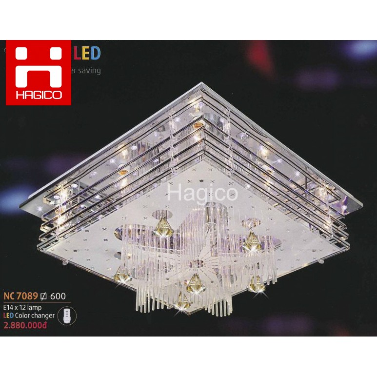 Đèn mâm LED trang trí ốp trần pha lê vuông NC7089 có remote 3 chế độ sáng