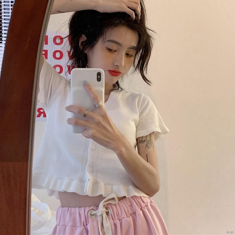 Áo ngắn tay dệt kim cổ chữ V có nếp gấp lộ rốn cho nữ