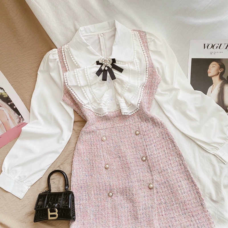 ĐẦM CARO NÚT NGỌC PHỐI CỔ BÈO REN TRẮNG (KÈM TAG HOA) | BigBuy360 - bigbuy360.vn