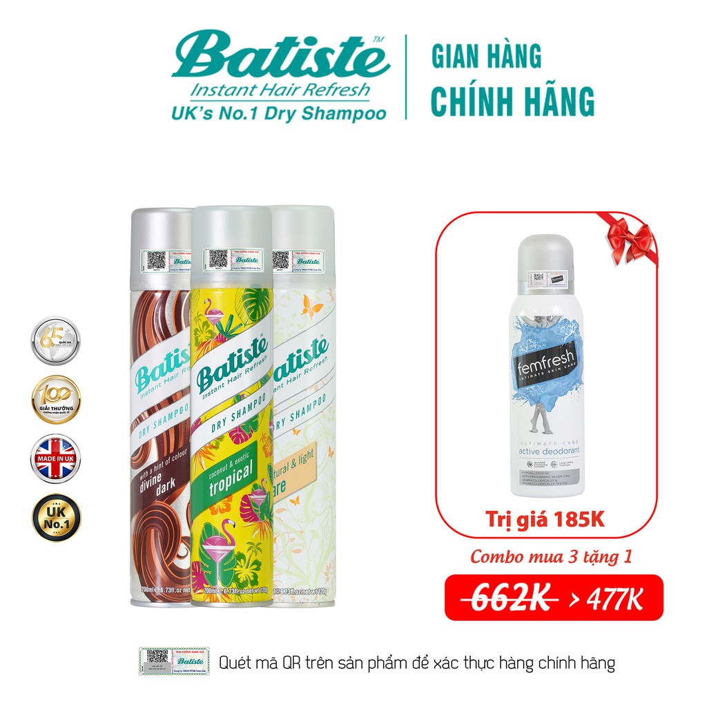 [COMBO XỊT THƠM MÁT SUỐT NGÀY DÀI] Mua 03 Dầu Gội Khô Batiste 200ml Tặng  01 Xịt Khử Khuẩn FemFresh Anh Quốc 125ml 185k