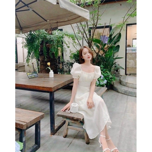 Đầm tiểu thư voan tơ nơ lưng tay phồng xinh xắn