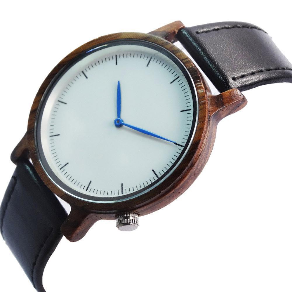 Wood Quartz Watch Leather Strap White Face Blue Needle Men's Watch