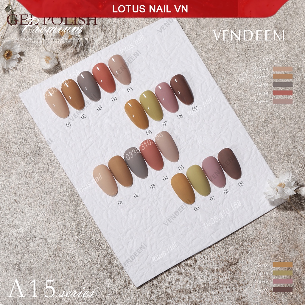 Set sơn gel cao cấp 9 màu Vendeeni mã A15 tặng kèm bảng màu sẵn