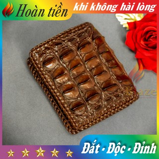 Bóp Da Cá Sấu 2 Mặt Đan Viền Gai Lưng - Ví Da Cá Sấu Đan Viền Cao Cấp BLAZE | Đứng | Nâu