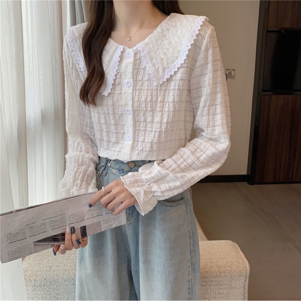 Áo Sơ Mi Tay Dài Phồng Cổ Búp Bê Thời Trang Cho Nữ