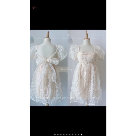 Đầm tiểu thư babydoll cổ vuông tay phồng cột nơ sau lưng siêu dễ thương-hình thật.
