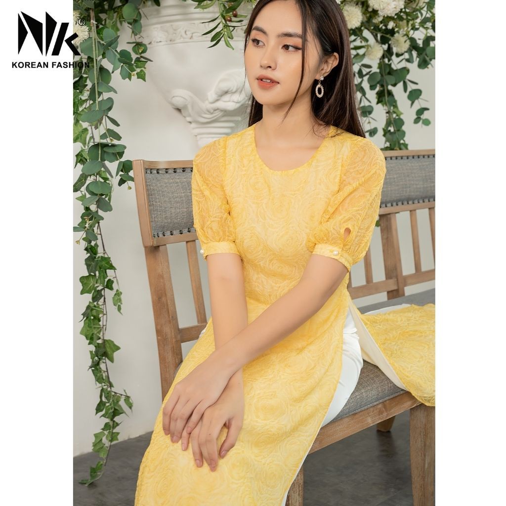 Áo Dài Nữ NK FASHION Cổ Tròn Cách Điệu, Tay Lỡ Bồng Phối Ren, Chất Liệu Mềm Mịn, Cao Cấp NKBD2010006