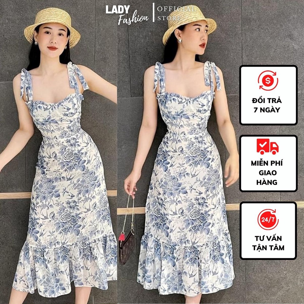 Váy hai dây cúp ngực đuôi cá hoa hồng xanh xinh xắn (có mút ngực)