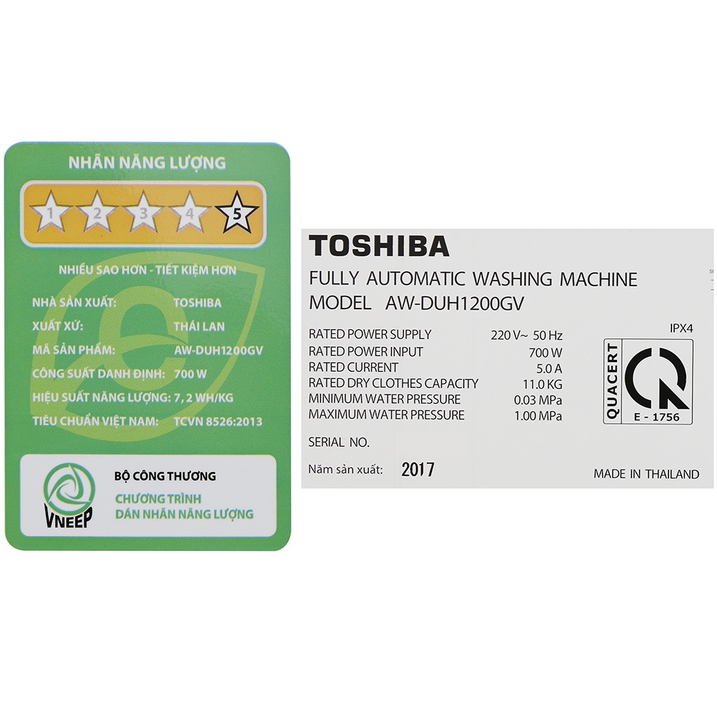 MÁY GIẶT TOSHIBA INVERTER 11 KG AW-DUH1200GV