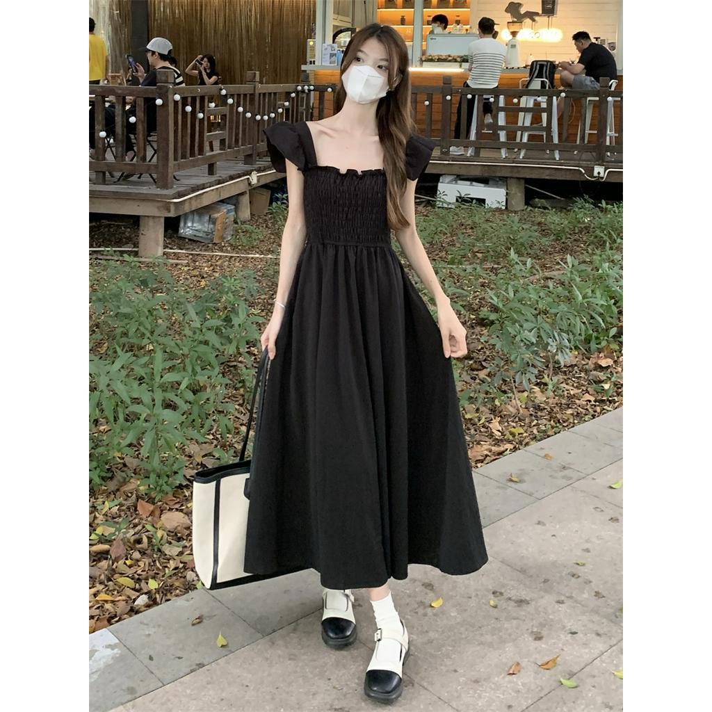 Đầm Đi Biển Cổ Vuông Màu Đen Phong Cách Vintage Dành Cho Nữ