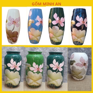 Bình hoa, lọ hoa sơn mài hoa sen khảm trứng lá sen dát bạc cao cấp- gốm sứ bát tràng- gốm minh an
