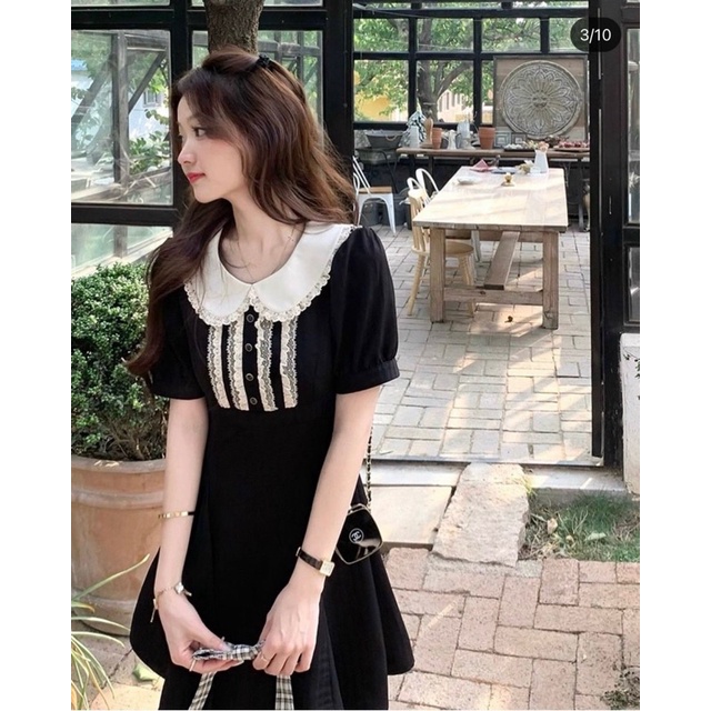 ĐẦM ĐEN CỔ SEN VIỀN TRẮNG