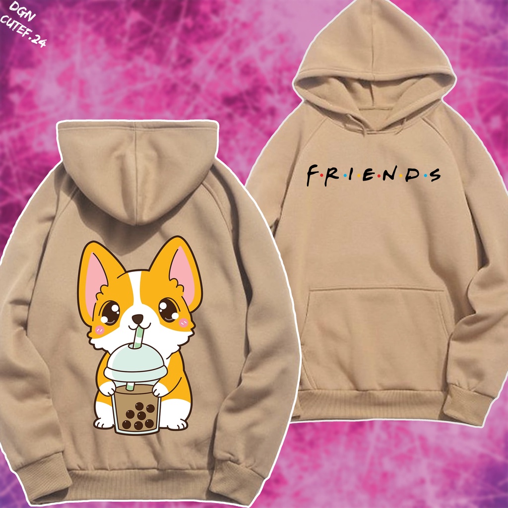 hoodie màu kem hình corgi uống trà sữa CUTEF.24