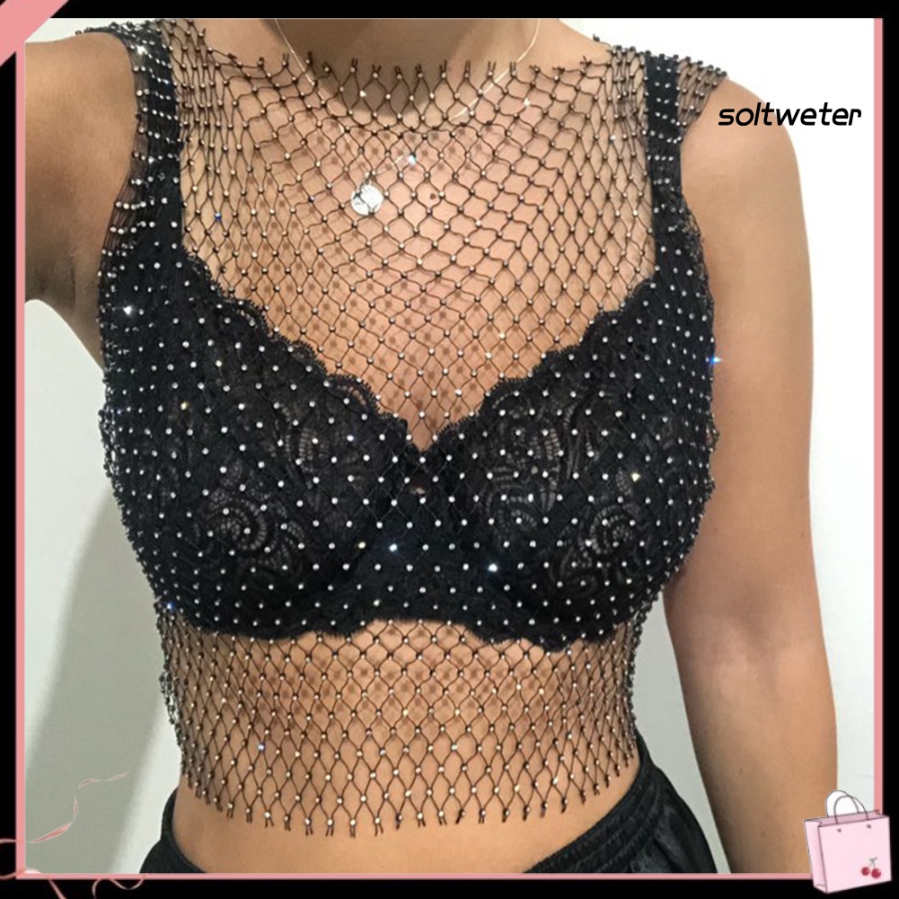 Áo Lưới Không Tay Cổ Tròn Đính Đá Quyến Rũ Thời Trang Cho Nữ