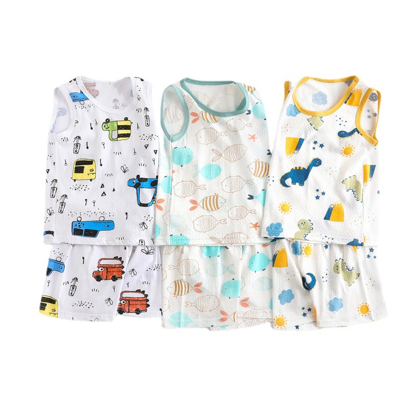 Bộ Đồ Ngủ Sát Nách Chất Liệu Cotton Phối Lưới Xuyên Thấu Không Tay Kích Thước 80-150cm Phong Cách Hàn Quốc Cho Bé