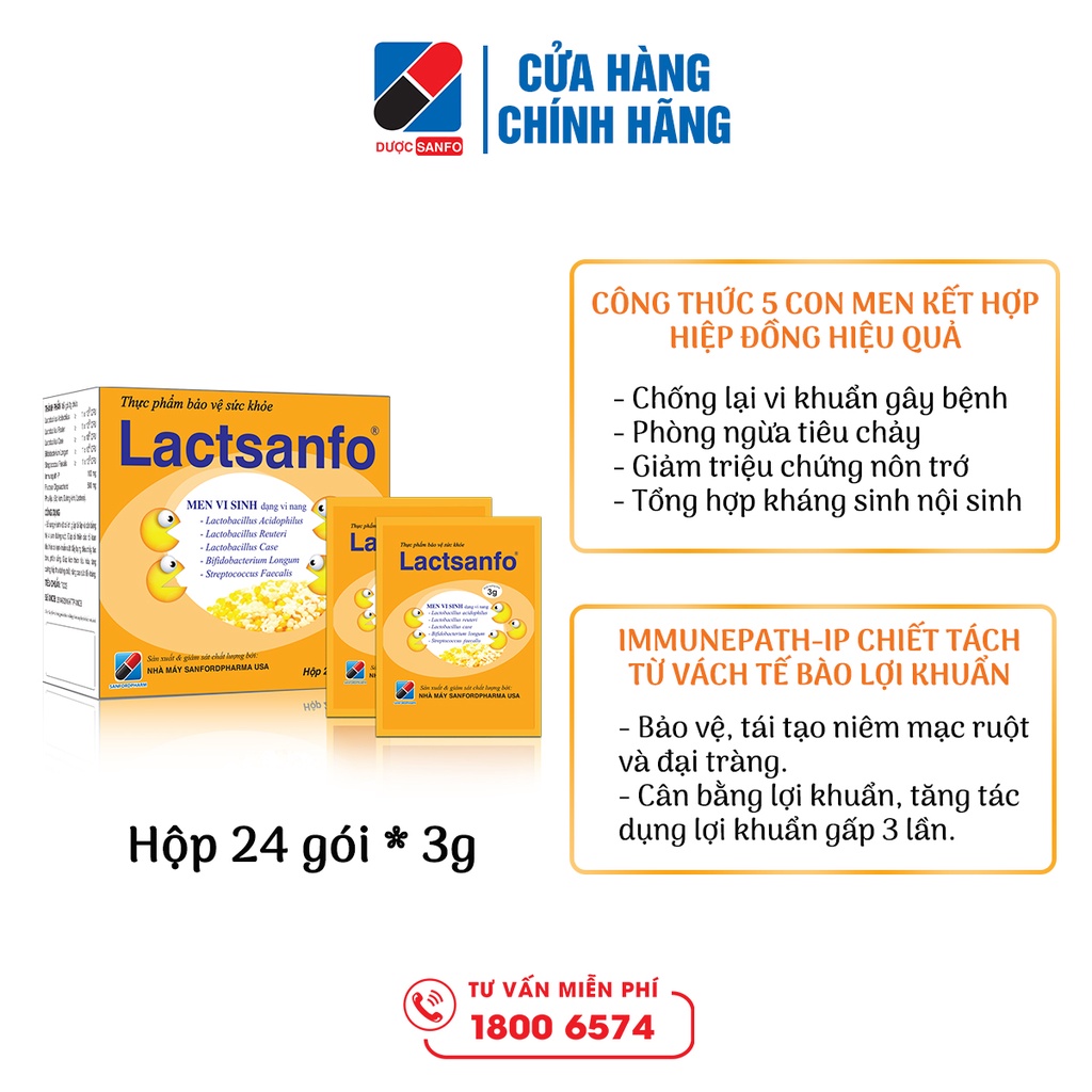 Men vi sinh Lactsanfo giảm ngay chướng bụng, đầy hơi, tiêu chảy tức thì, giảm táo bón, giúp ăn ngon hộp 24 gói