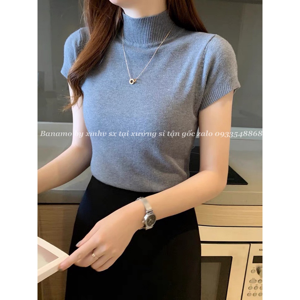 Áo len quảng châu tay cộc nhiều màu siêu xinh chất đẹp thời trang Banamo Fashion áo len cộc tay cổ 3 phân 3410