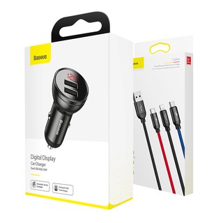 Sạc xe hơi tặng kèm cáp 3 đầu baseus digital display dual usb 4.8a car charger 24w