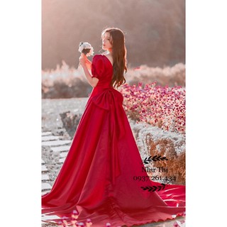 (nhận may theo size) đầm dạ hội cuối cô dâu hở lưng tay phồng váy xoè đuôi dài đi bàn chụp ảnh cưới
