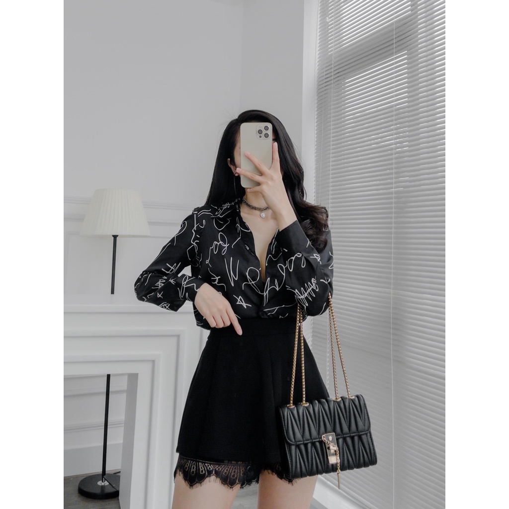 SƠ MI MASARA chất liệu LỤA ĐEN HOẠ TIẾT RỐI