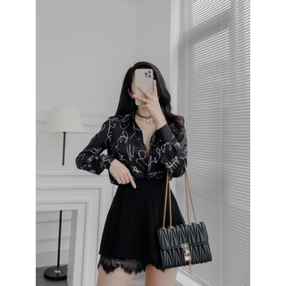 Sơ mi masara chất liệu lụa đen hoạ tiết rối