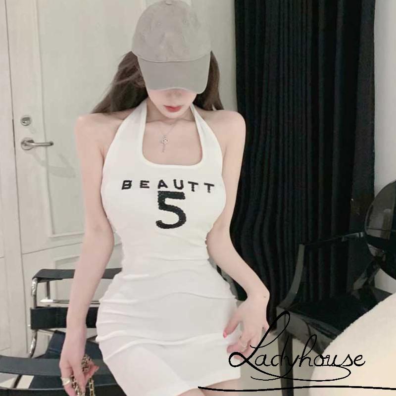 Đầm Ôm Hai Dây Hở Lưng Thêu Chữ Thời Trang Mùa Hè Cho Nữ