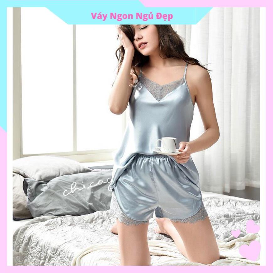 Đồ Ngủ 2 Dây Quần Cộc Ren Xẻ Mặc Nhà Lụa Satin Cao Cấp AMK.10021