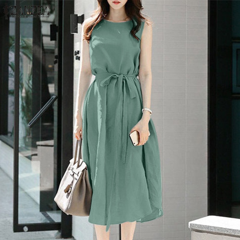 Đầm dài Zanzea không tay cổ tròn màu trơn kèm thắt lưng thời trang nữ tính
