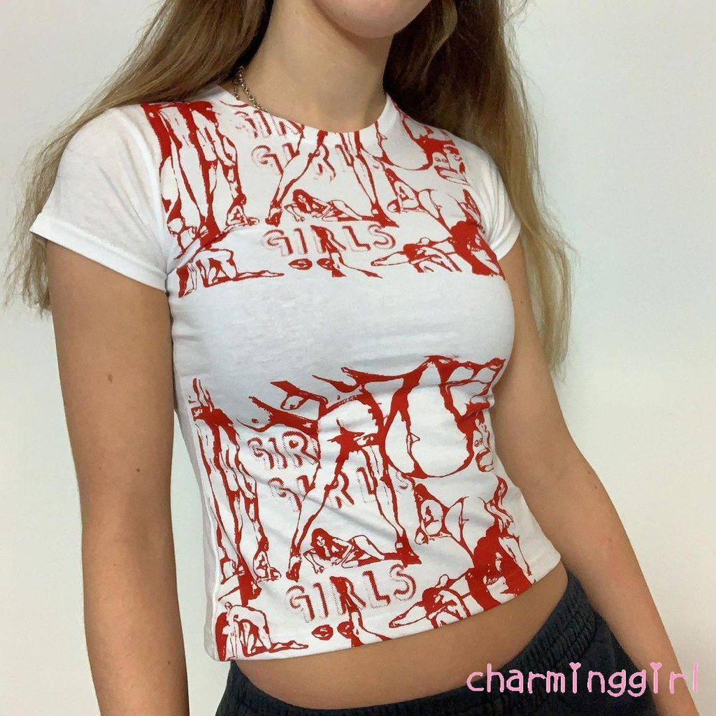 Áo thun crop top tay ngắn cổ tròn họa tiết in dành cho nữ