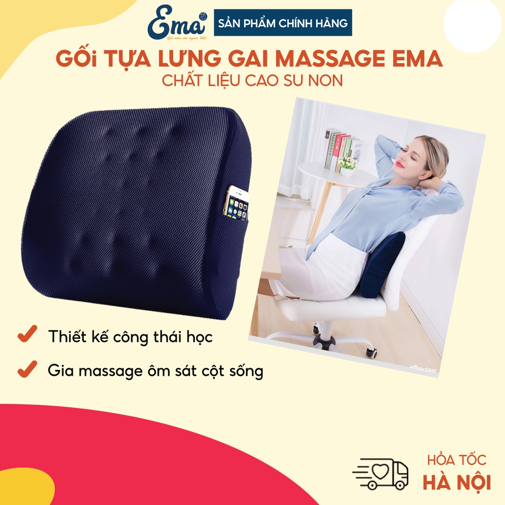 Gối tựa lưng ghế văn phòng Ema, chất liệu cao su non, có gai massage thư giãn, giúp giảm đau cột sống thắt lưng