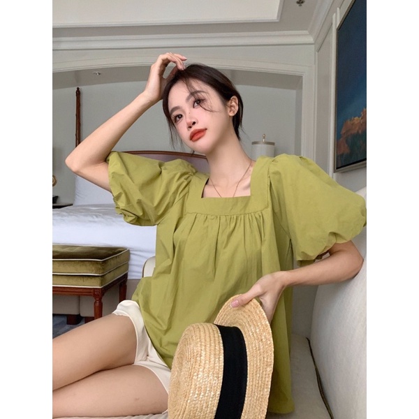 SÉT ÁO CỔ VUÔNG XANH BƠ TAY BỒNG KÈM QUẦN TRẮNG KTGIMI ( Kèm ảnh thật)