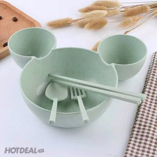 Bộ bát ăn dặm lúa mạch 3 ngăn kèm đũa, thìa, dĩa hình chuột mickey cho bé
