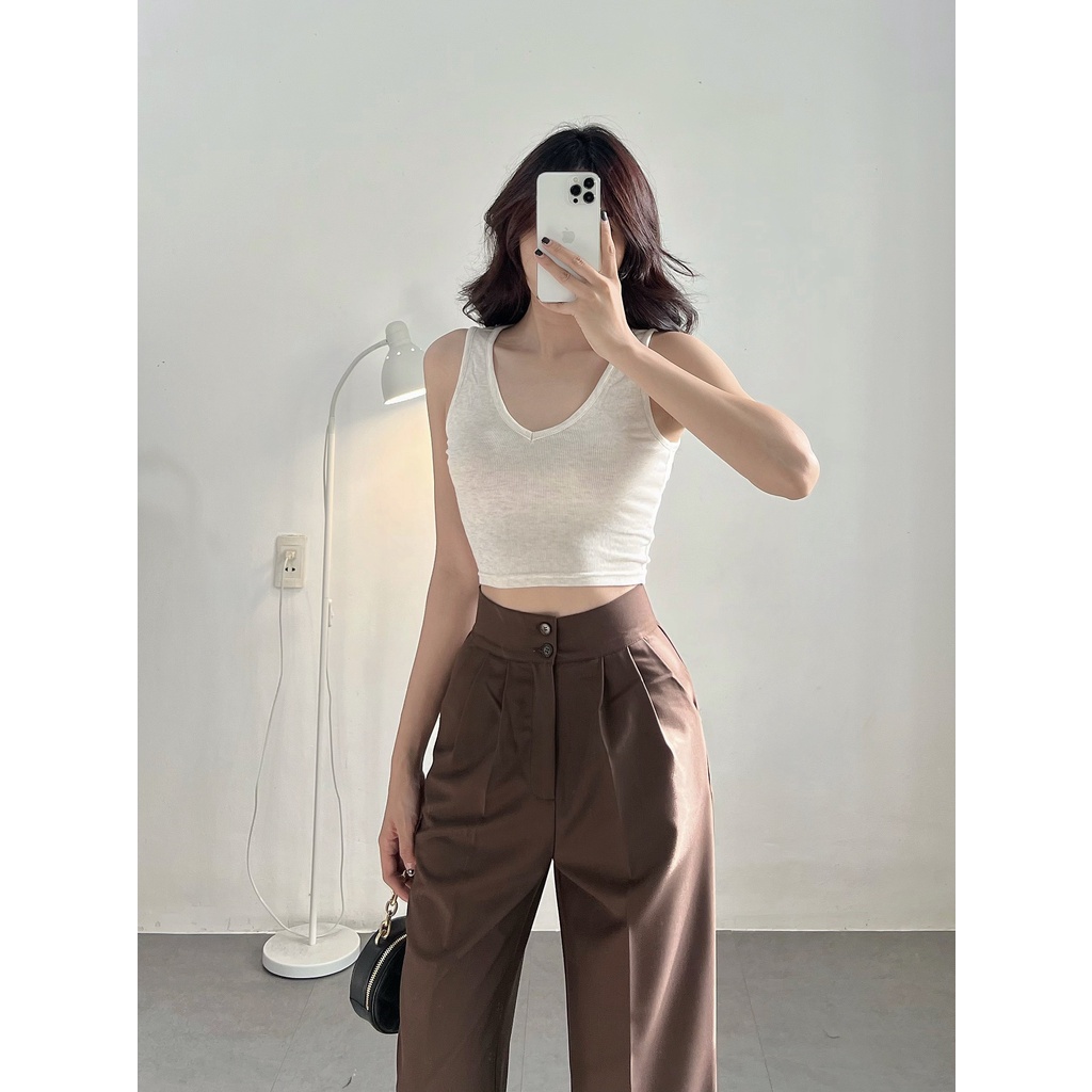 Quần Cotton nữ ống suông HHVINTAGE kiểu lưng cao 2 nút cotton Hàn co giãn A01