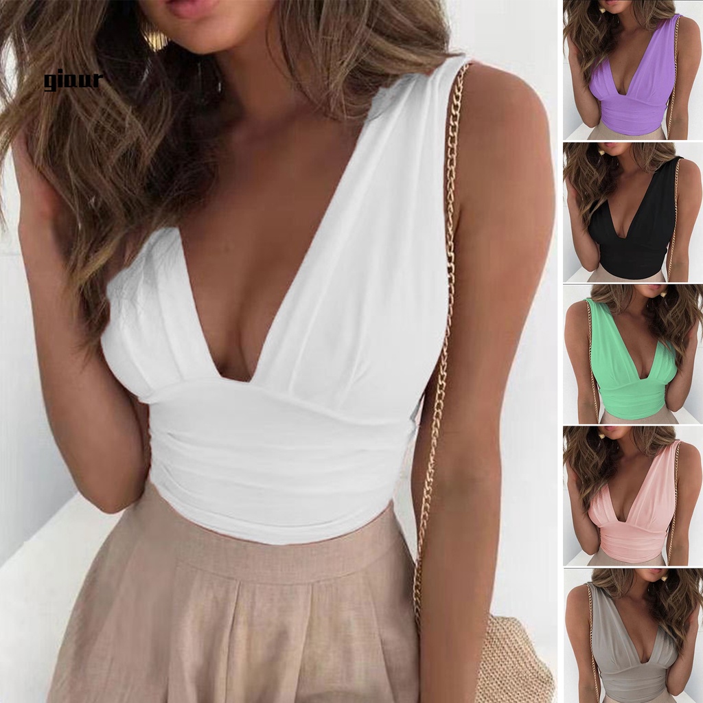 Áo croptop cổ chữ V khoét sâu không tay thời trang mùa hè cho nữ