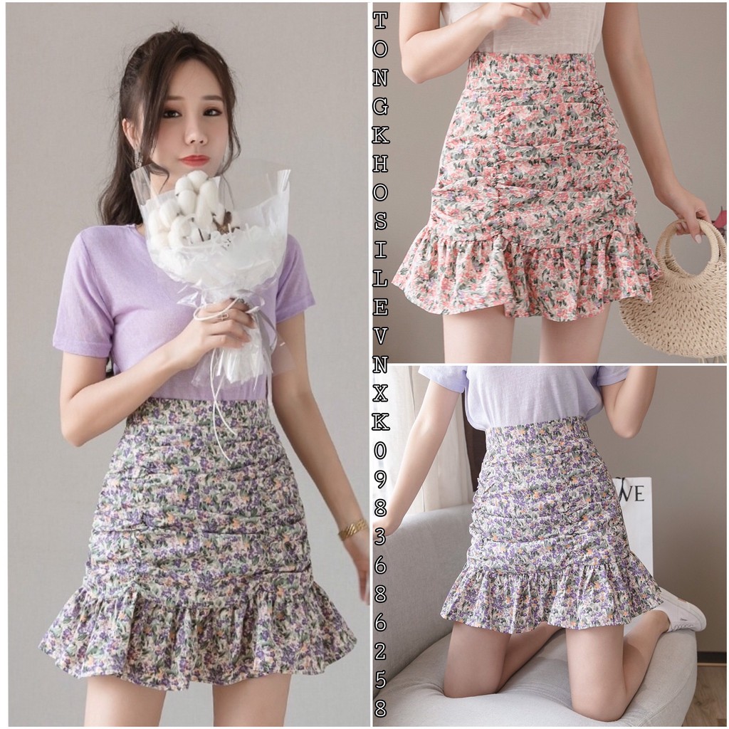 💃Chân Váy Nữ Hoa Nhí Nhúm Hông Vạt Bèo 3 màu | BigBuy360 - bigbuy360.vn