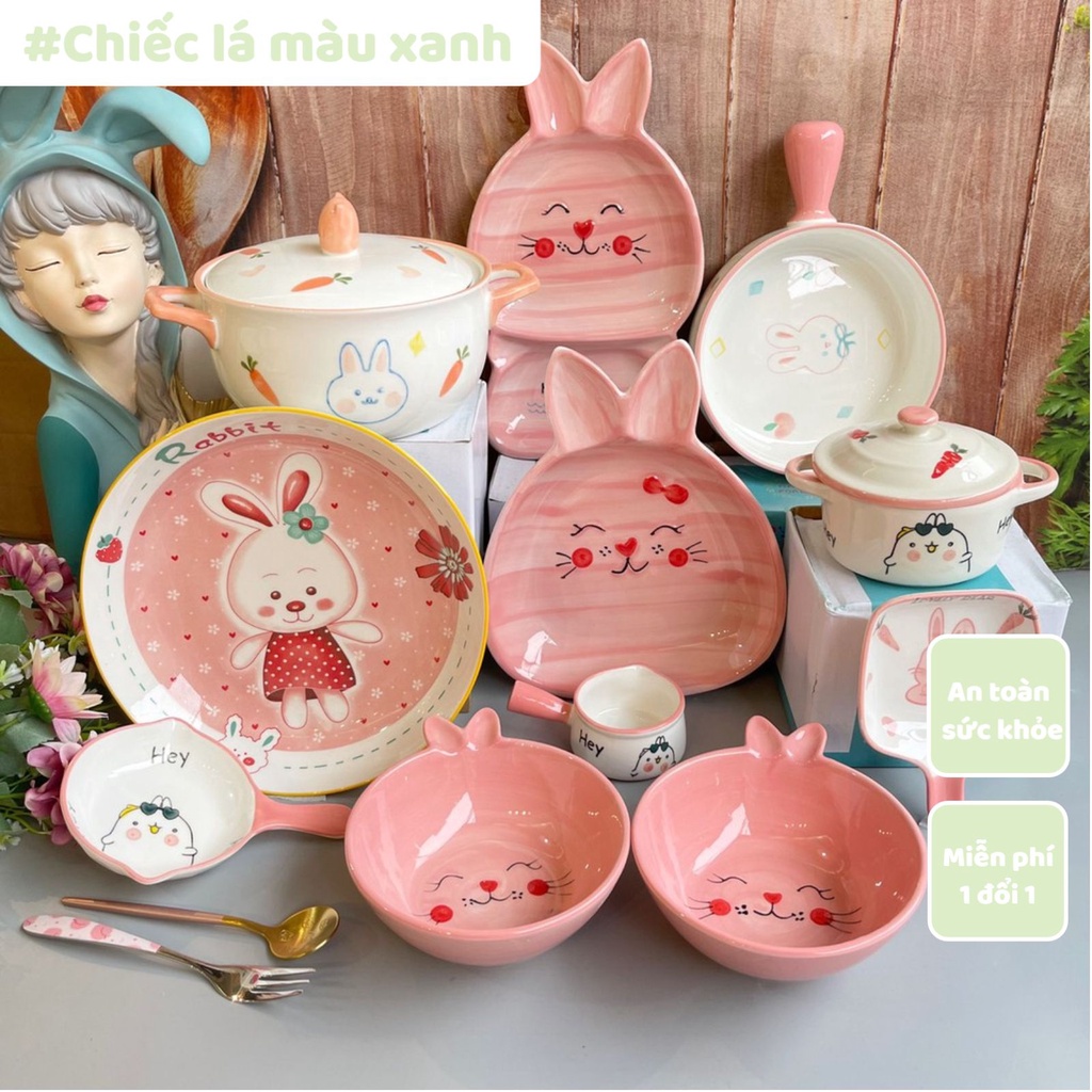 Bộ Bát Đĩa Chén Dĩa Sứ Thỏ Hồng Set Bát Ăn Cơm Tô Đĩa Sứ Decor Bàn Ăn