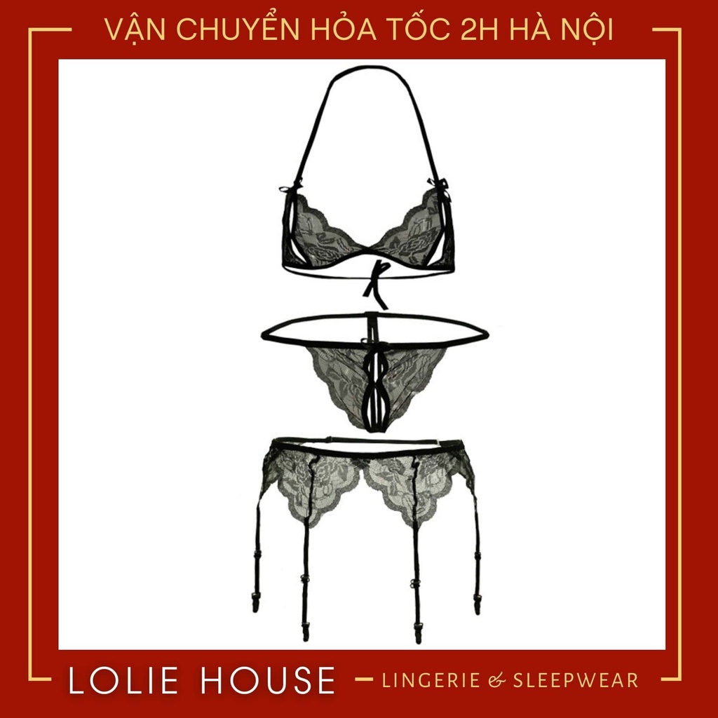 Bộ đồ lót ren sexy kèm tất đùi và đai kẹp tất Set nội y lingerie sexy gợi cảm cho nữ LOLIE HOUSE - SS2